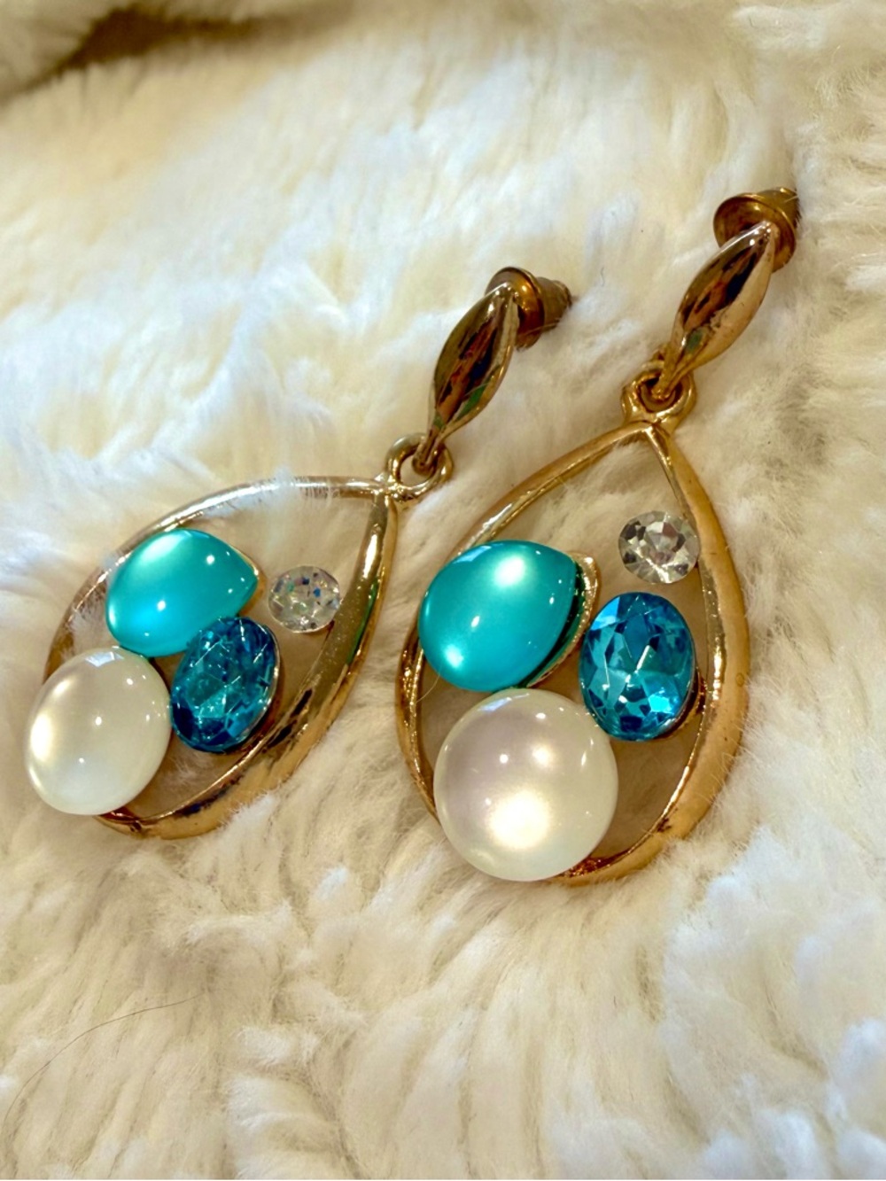 Gold Teardrop Earrings with Turquoise, Blue and Pearl Accents